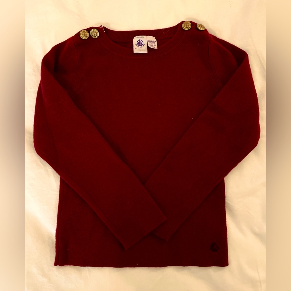 Petit bateau lox knit jumper. dark red wool/cotton with buttons at shoulder.